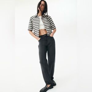 H&M Striped Short Sleeve Blazer with Gold Buttons